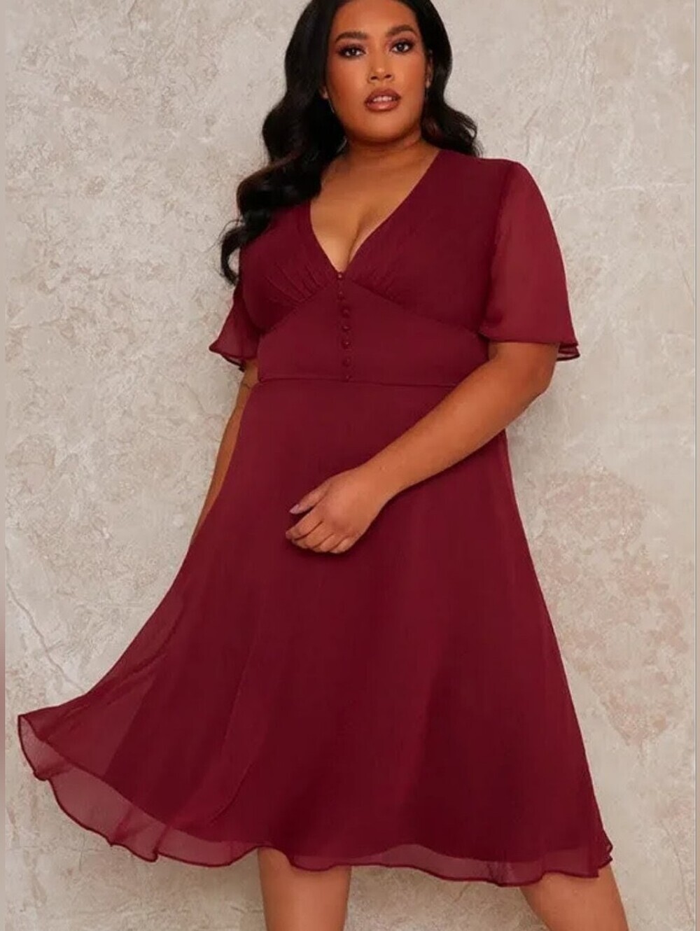 Chi Chi London Burgundy Midi Dress with Button Detail Sz 16